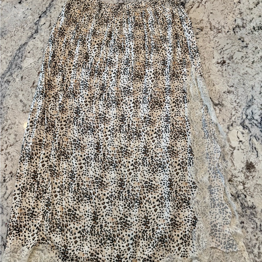 Aerie Leopard Print Midi Skirt Lace Trim Elastic Waist Size L - Picture 3 of 11